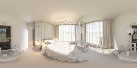 3d illustration spherical 360 degrees, seamless panorama of bedroom interior design. The bedroom is made without textures and materials. Interior in Scandinavian style
