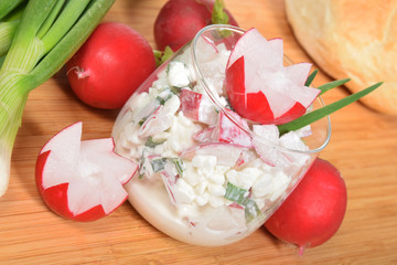 cottage cheese with chives and radish fresh bun delicious breakfast