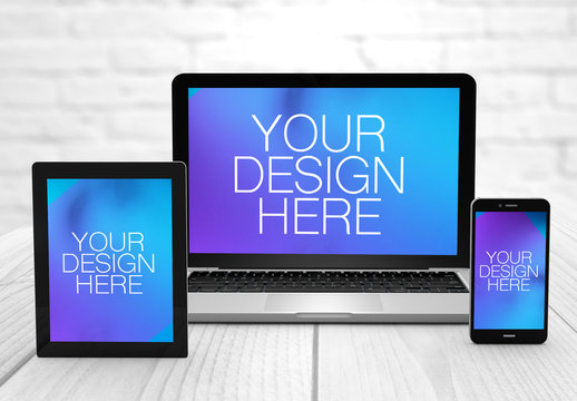 3 Devices on Wooden Surface Mockup 1