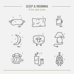 Fototapeta premium Collection of isolated vector line icons with sleep problems and insomnia symbols