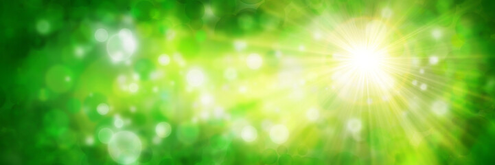 Fototapeta na wymiar Grüner Hintergrund mit Sonnenstrahlen und Lichtpunkten