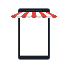 cellphone with store sunshade commerce or online shopping icon image vector illustration design 