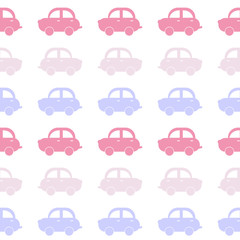 Seamless background from funny cars. Gentle tones. Vector illustration of cars pink and lilac shades.