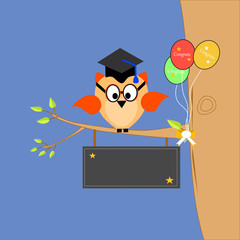 An owl on a branch of a tree with a graduation cap and text