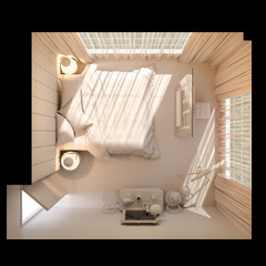 3d illustration of bedroom interior design in a modern style. Bedroom shown in top view with large windows to the floor. Visualization without textures and materials.