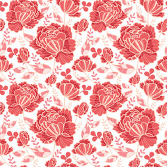 Vector Salmon Pink and Yellow Decorative Roses and Leaves Seamless Repeat Pattern Background. Great for handmade cards, invitations, wallpaper, packaging, wedding designs.