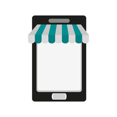 cellphone with store sunshade ecommerce or online shopping icon image vector illustration design 