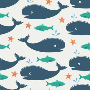 Cute Whale Seamless Pattern. Can be used for wallpaper, t-shirt pattern, web page background, print, wrapping and much more!