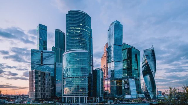 Moscow International Business Center so-called Moscow-City skyscrapers, consist of business, residential and lifestyle clusters. Time lapse. 60 fps 4k.