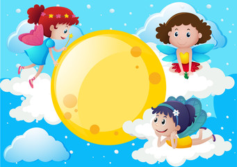 Three fairies flying around the moon