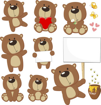 set of cute baby bears posing in differents positions and design elements, bees, honey jar, butterflies and blank placard for copy space isolated on white background