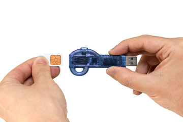 Blue flash drive on hand with isolated white background