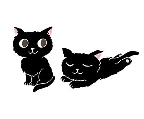 おすわりする黒猫と眠る黒猫