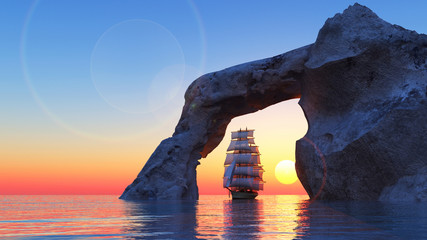 The Sailing ship against a dawn 3D illustration © Sergey Drozdov