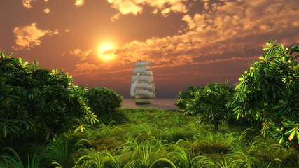 The Sailing ship against a dawn 3D illustration © Sergey Drozdov
