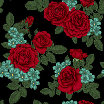 beautiful vintage seamless pattern with bouquets of red roses and leaves.