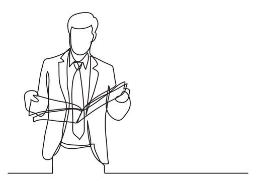 standing businessman reading newspaper - continuous line drawing