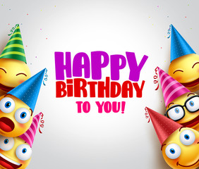 Smileys vector background with happy birthday greeting, funny smileys wearing colorful birthday hats for party and celebrations. Vector illustration.
