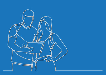 standing man and woman discussing paperworks - continuous line drawing