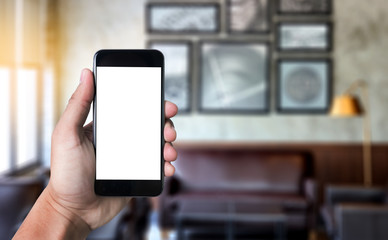 Mockup mobile  image of hand phone with blank white screen vintage tone.