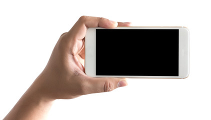 Isolated hand holding a phone with Smart phone white screen