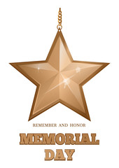Memorial Day design. Gold star and inscription. Remember and honor. Vector illustration isolated on white background