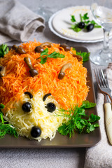 colorful salad is decorated in the form of a hedgehog. idea for children's menu. Selective focus