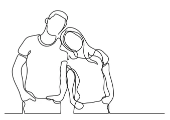 Fotobehang loving couple standing - continuous line drawing © OneLineStock