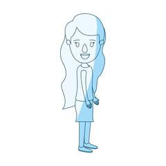 blue silhouette shading cartoon full body woman with wavy long hair looking to side vector illustration