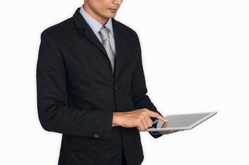 Businessman with digital tablet isolated.