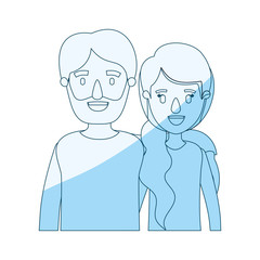 blue silhouette shading caricature half body couple woman with ponytail side hair and bearded man vector illustration