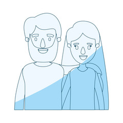 blue silhouette shading caricature half body couple woman with long hair and bearded man vector illustration