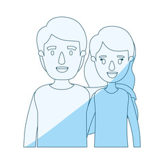 blue silhouette shading caricature half body couple woman with short wavy hair and man vector illustration