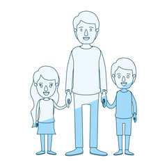 blue silhouette shading caricature full body man taken hand with girl and boy vector illustration