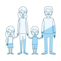blue silhouette shading caricature family group with parents and children taken hands vector illustration