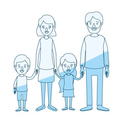 blue silhouette shading caricature family group with parents and little kids taken hands vector illustration