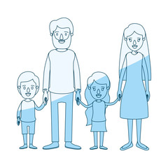 blue silhouette shading caricature family with parents and little kids taken hands vector illustration