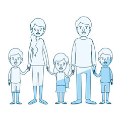 blue silhouette shading caricature family with young parents and little kids taken hands vector illustration