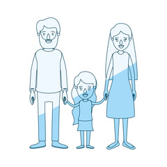 blue silhouette shading caricature family with father bearded and mom with long hair with little girl taken hands vector illustration