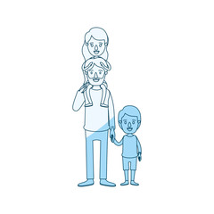 blue silhouette shading caricature bearded father with girl on his back and boy taken hands vector illustration
