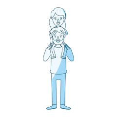 blue silhouette shading caricature bearded father with girl on his back vector illustration