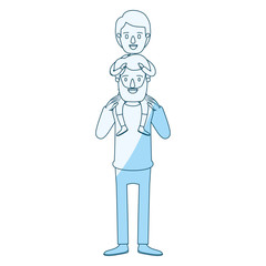 blue silhouette shading caricature bearded father with boy on his back vector illustration