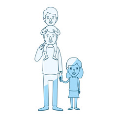 blue silhouette shading caricature dad with boy on his back and girl taken hands vector illustration