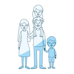 blue silhouette shading caricature family parents with girl on his back and boy taken hands vector illustration