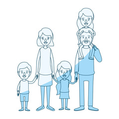 blue silhouette shading caricature big family parents with girl on his back and children taken hands vector illustration