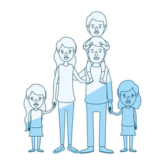 blue silhouette shading caricature big family parents with boy on his back and daugthers taken hands vector illustration