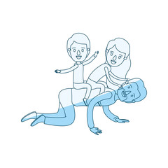 blue silhouette shading caricature bearded father with children playing the horse on his back vector illustration