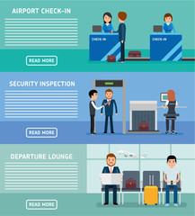 Airport terminals banners. Airport Terminal Security Check, check-in, waiting room. People at the airport. Vector flat style illustration.