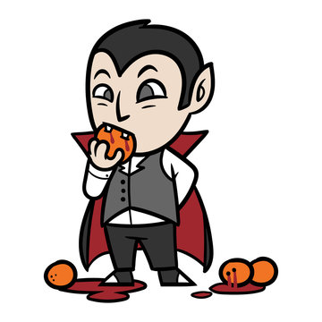 Cute Cartoon Vampire Dracula Biting Blood Orange Vector Illustration