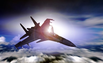 Air force jet flying over sunrise